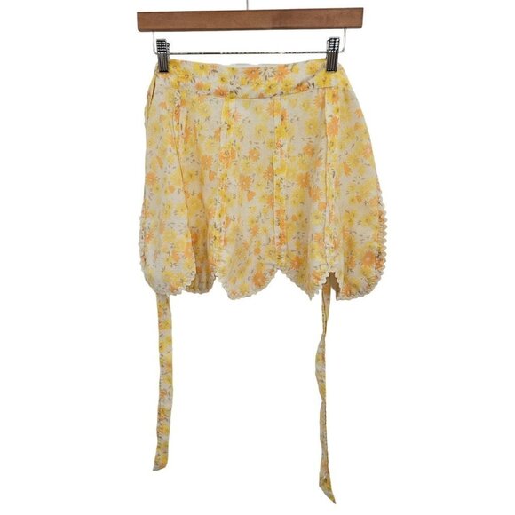 Vintage Handmade Kitchen Apron Yellow Floral Pockets Ric Rac Polka Dot Tie Waist - Picture 3 of 10